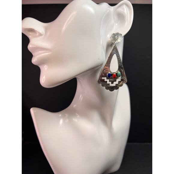 Vintage Navajo Joe Delgarito Sterling Silver Lapis Coral Turquoise Earrings - Picture 2 of 16